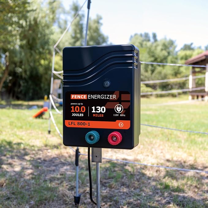 Electric Fence Charger AC Powered 110 Miles, 110 Volt 10 Joule Plug-in Electric Fence Energizer, Output Voltage Max 11.3 KV for Livestock, Preventing Predators from Intruding