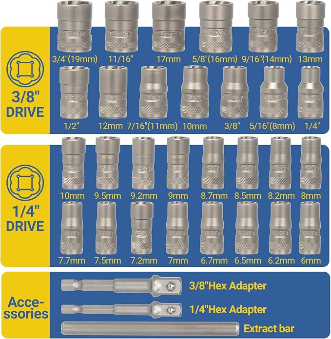 MABLEVI 32PCS Bolt Extractor Set, Upgrade Impact Bolt & Nut Remover Set, Stripped Lug Nut Remover, Extraction Socket Set for Removing Damaged, Frozen, Rusted, Rounded-Off Bolts, Nuts & Screws