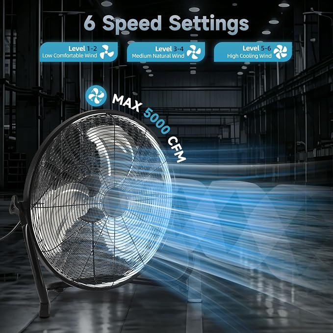 AHAWILL 16" High Velocity Metal Floor Fan with Light,6-Speed Plug-in Fan with Remote & APP,Industrial Fan with Rear Buttons,360° Tilt & 3CCT,Wall Mountable,Anti-Vibration for Garage,Warehouse,Shop,Gym