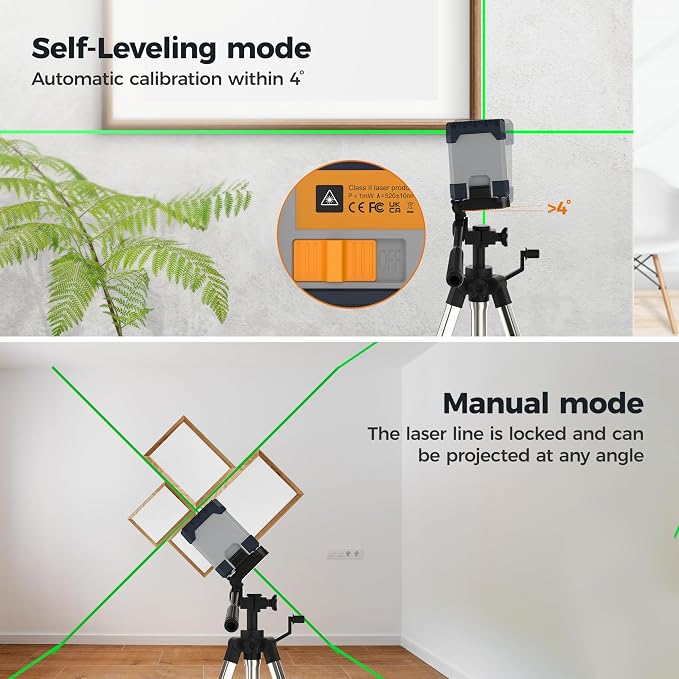 Laser Level Rechargeable, CIGMAN G02A Green Self-Leveling Cross Line Laser Level with Horizontal and Vertical Lines, Selectable Laser Lines, 100 Ft Visibility, Rotatable 360°, Charging Cable Included