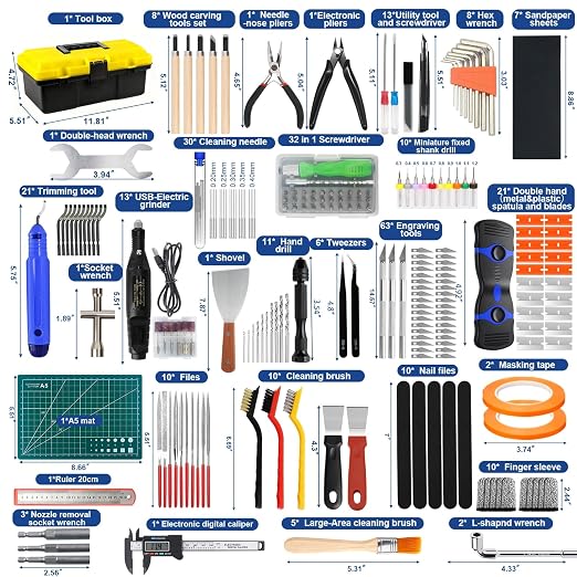 304PCS 3D Printing Accessory Tools with Tool Box for 3D Printer Modeler Basic Tools,Multi-spec Nozzle Cleaning Remove Kit & mini Electric Grinder for Remove/Trim and Finish 3D Print