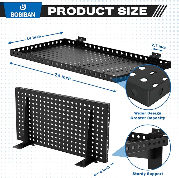 4 Pack Slatwall Shelves, Heavy Duty Black Metal Slat Wall Shelf for Retail, Garage, Home Storage, 110 lbs Load Capacity, Universal Slatwall Accessories (14 x 24 Inch-4, Black)