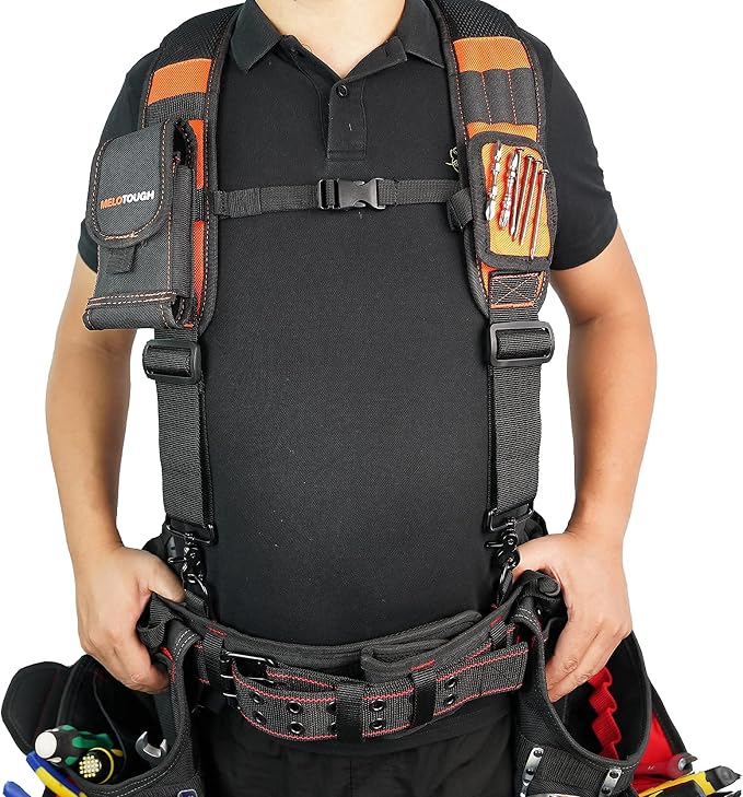 MELOTOUGH 1 PACK Tool Belt with D ring and Strong Durable Double Metal Roller Buckle,Adjustable waist + 1 PACK Magnetic Suspenders Tool Belt Suspenders with Large Moveable Phone Holder