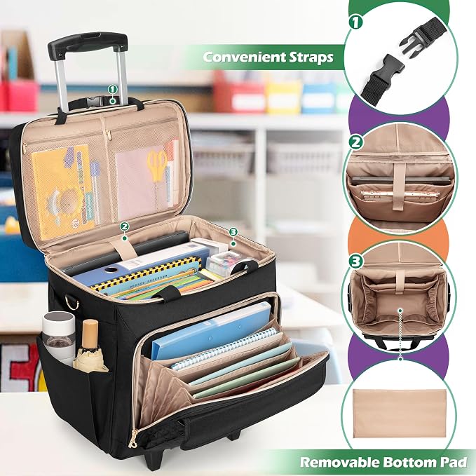 LUXJA Rolling Teacher Bag with Laptop Compartment and Detachable Dolly, Multifunctional Rolling Briefcase with Accordion File Area (Patented), Black
