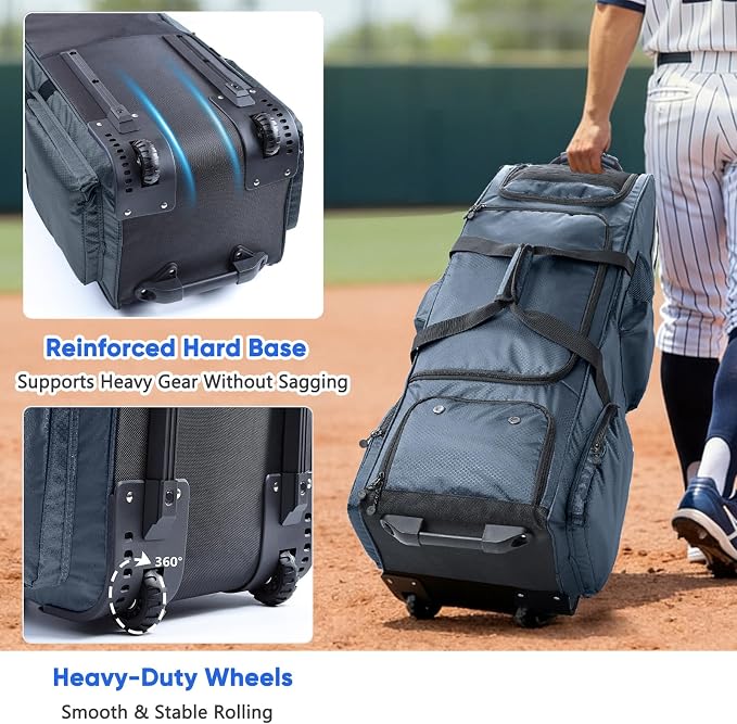 Large Rolling Baseball Catchers Gear Bag with Wheels, Softball Bag with Hard Backing for 4 Bats,Equipment Bag with Separate Shoe & Helmet Compartments, Youth Baseball Bag with 360° Spinner Wheels