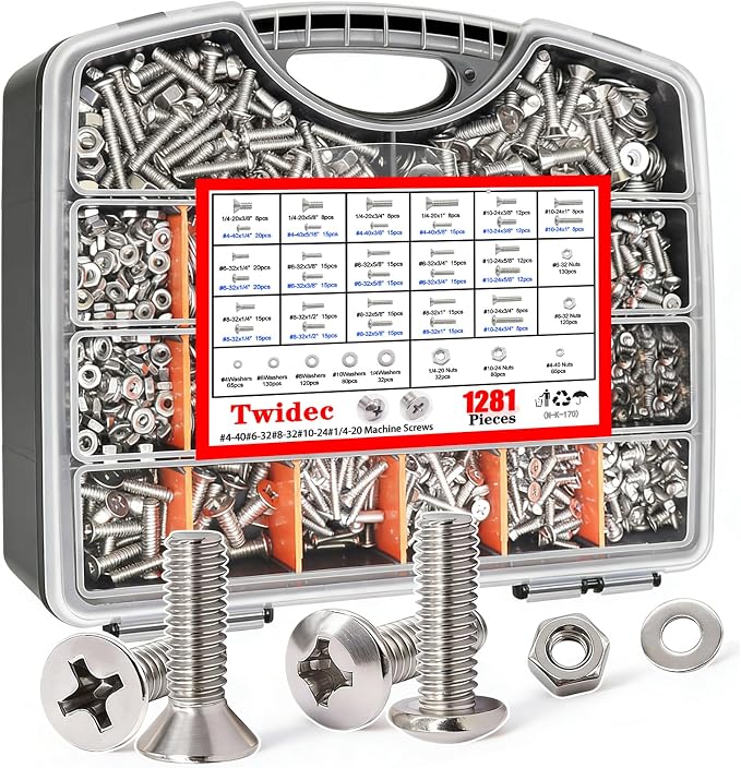 Twidec/1281PCS Nuts and Bolts Assortment Kit,Machine Screws,304 Stainless Steel Phillips Pan Head and Flat Head Screws #4-40#6-32#8-32#10-24#1/4-20 with Nuts, Bolts,Washers in the Storage Case