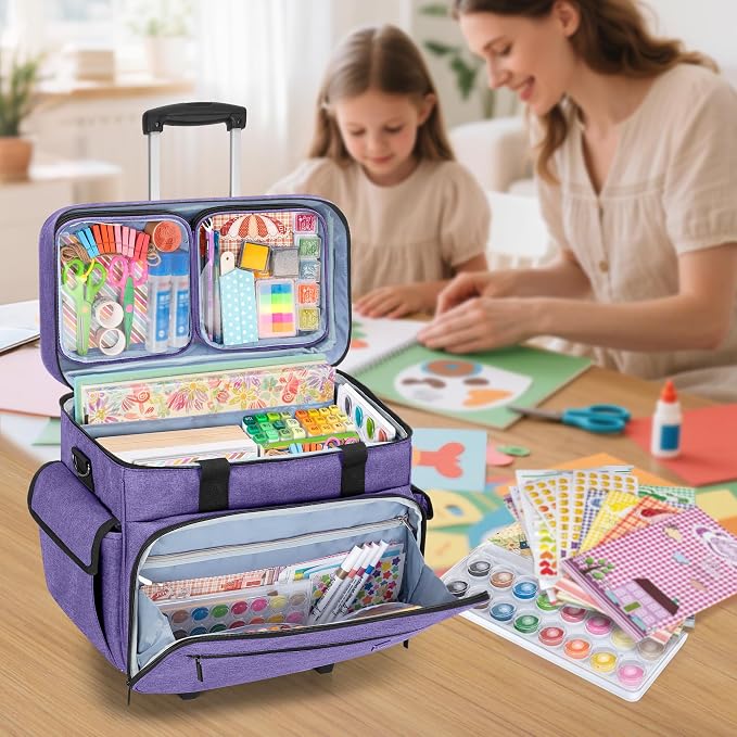 Teamoy Rolling Scrapbook Tote with Detachable Wheels, Rolling Craft Bag with Bottom Wooden Pad, Scrapbook Storage Bag for Women, Purple