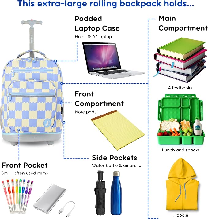 J World Sundance Laptop Rolling Backpack for Girls Boys. Roller Bookbag with Wheels, 20 Inch, Wiggle Blue