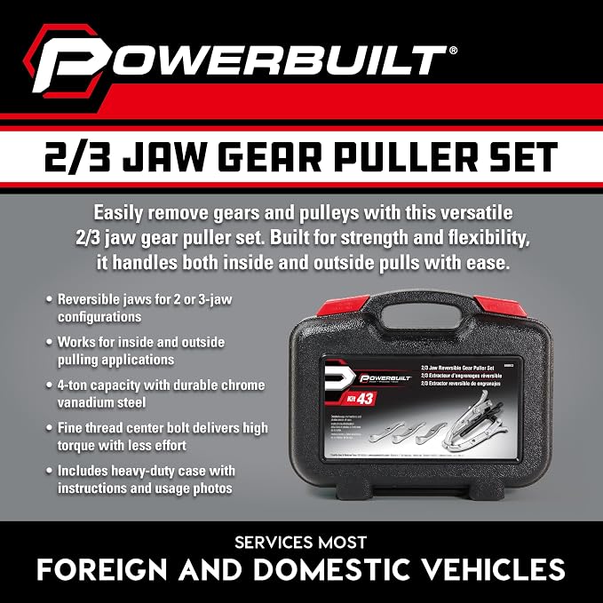 Powerbuilt Combo 2/3 Jaw Reversible Gear Puller Set, 4-Inch and 6-Inch Reversible Jaws, Innovation design switch from 2 jaws to 3 jaws, Removes Gear, Bearing, Pulley and Flywheel - 648613