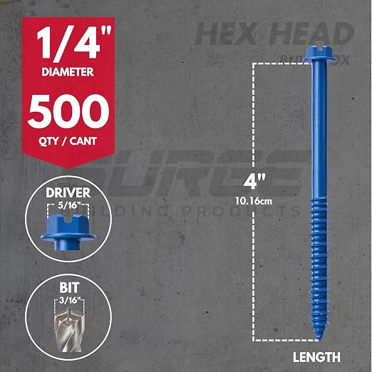 1/4" x 4" Hex Head Blue Concrete Screw Anchor with Drill Bit & Driver (Box of 500) | Masonry Screws for Concrete, Block, and Brick