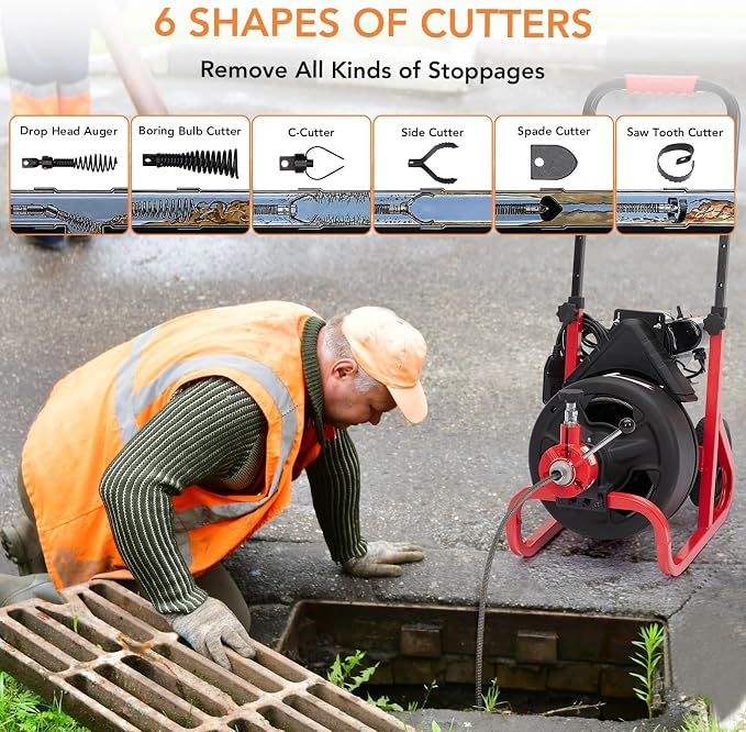 Drain Cleaner Machine, 100 ft X 3/8 in Drain Auge, Auto-feed Professional 6.8A Electric Drain Auger, Air-Activated Foot Switch, w/ 6 Cutters, Gloves, Cleaner Sewer Snake