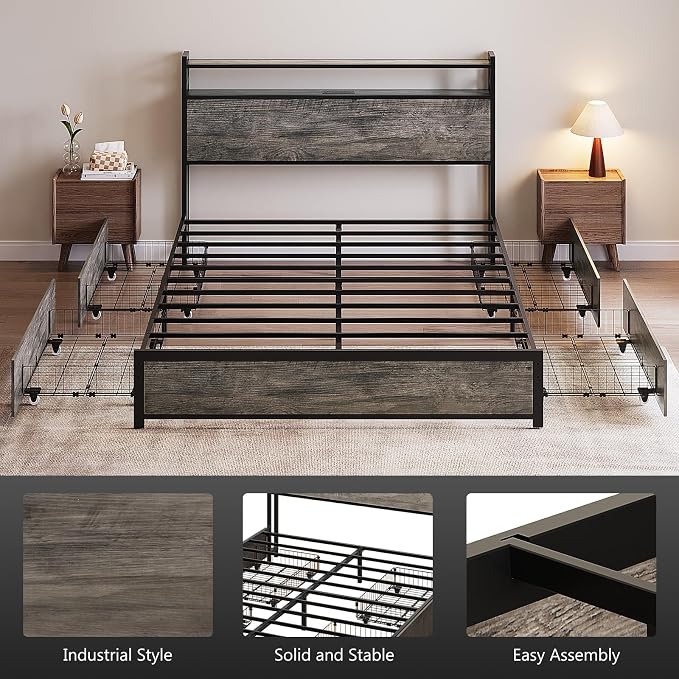 VINGLI LED Queen Bed Frame with 4 Storage Drawers and Adjustable Headboard Shelf, Metal Platform Panel Bed with Charging Station for Kids Teens, Adults, No Box Spring Needed, Wash Gray