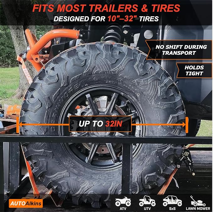 Wheel Chock Tie Down Kit, 4,400lb Break Strength — 4 Heavy Duty E-Track Tire Ratchet Straps & 8 Steel Wheel Chocks, Complete Trailer Tie Down System for ATV, UTV, Lawn Mower & SxS (Orange)