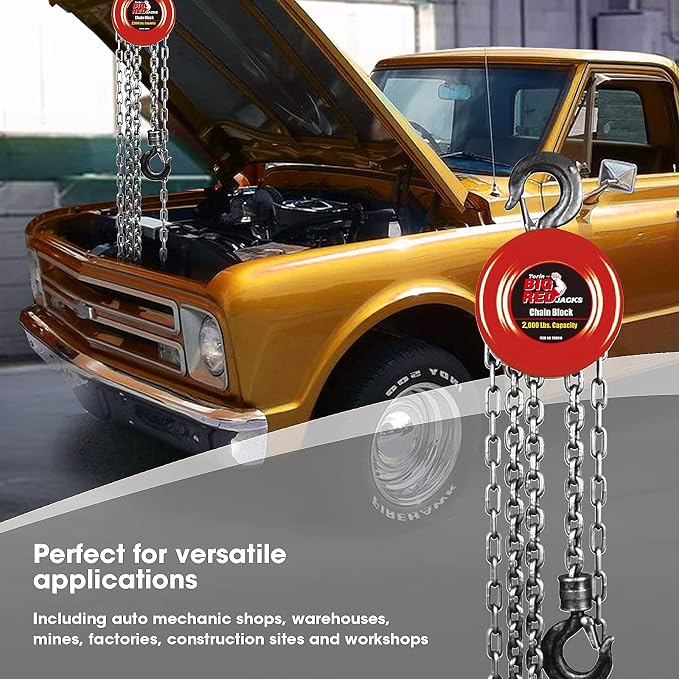 Big RED TR9010-3 Torin Manual Hand Chain Hoist with 2 Heavy Duty Hooks for Warehouse Automotive Machinery, 1 Ton (2,000lb) Capacity, 8ft/2.5m Red