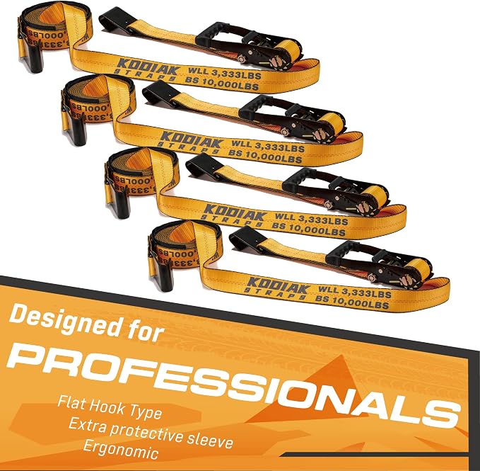 4 Pack Heavy Duty 2" x 27' Ratchet Tie Down Straps with Flat Hooks - 10,000 LBS Break Strength for Truck & Trailer Cargo Control KODIAK STRAPS