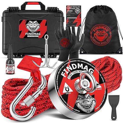 FINDMAG Magnet Fishing Kit 3000LBS – 4.72" N52 Neodymium Magnet, 10PCS Treasure Hunting Set with 65FT Rope, Hook, Case, Gloves, Scraper for River & Lake Retrieval