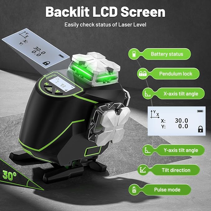 Huepar Laser Level 360 Self Leveling, S04CG 4x360° Green 4D Cross Line Laser with LCD Screen with Receiver -Pulse Mode, Bluetooth, Remote Control, Rechargeable 16 Lines Laser Tool for Construction