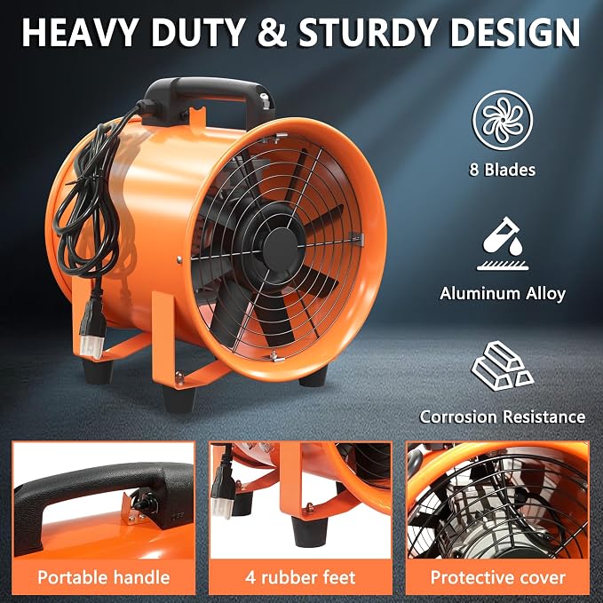 8 Inch Utility Blower Fan 900CFM Industrial Portable Exhaust Fan with 16.4Ft Duct Hose, 3300 r/min High Velocity Ventilation Extraction and Ventilation Fan