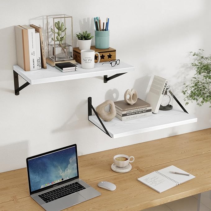 Floating Shelves 12 Inch Deep, 24W x 12D Wall Shelf Set of 2, 50 lbs Heavy Duty Reversible Metal Brackets, Deep Industrial Book Shelf for Living Room Kitchen Bath Bedroom Coffee Bar, White