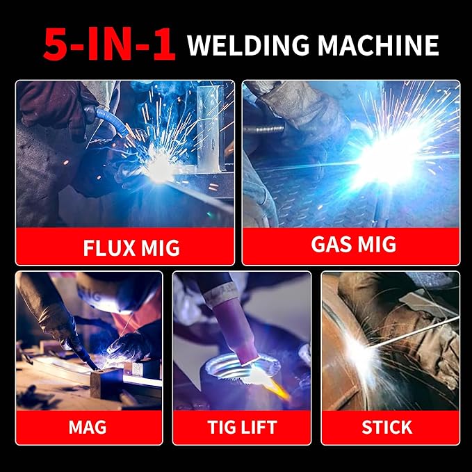 PONEY 140A MIG Welder 110V/220V - 5 in 1 Portable Dual knobs | Gasless MIG/MAG/FLUX/TIG/MMA Welding Machine, Synergic Control, IGBT Inverter & LED Display, Dual Voltage,Dual knobs