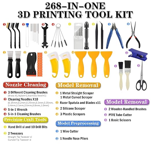 268 Pcs 3D Printer Tool Kit With Tool Bag for 3D Printer Modeler Integrates Basic Model Tools Print Nozzle Cleaning Kit Process Model Needs (Finishing Trimming Removal)