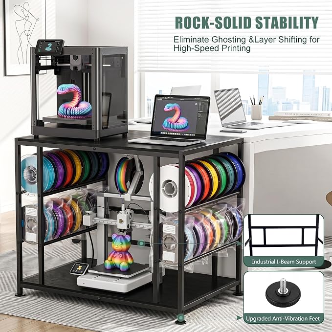 Large 3D Printer Stand with Filament Storage Heavy Duty Metal 3D Printer Table for 3 Printers Anti-Vibration Filament Storage Rack for Workshop Studio Office Black