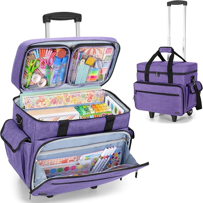 Teamoy Rolling Scrapbook Tote with Detachable Wheels, Rolling Craft Bag with Bottom Wooden Pad, Scrapbook Storage Bag for Women, Purple
