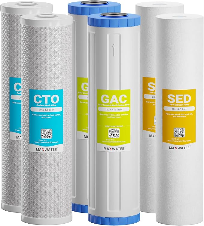 Max Water Whole House Water Filter Set – 3-Stage 20" x 4.5" Replacement Cartridges, 5 Micron Sediment, GAC & CTO Carbon Block Compatible with DB20P-3, DGD-5005-20, FC25B (2-Pack)