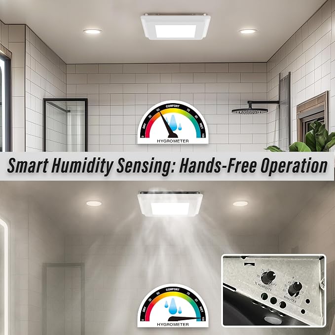 Bathroom Exhaust Fan with Humidity Sensor: 100CFM Ventilation Fan for Bathroom and Home, Auto-Adjusts for Moisture Control, Ultra-Quiet 1.2 Sones, Dimmable & Wet Rated, ETL Certified