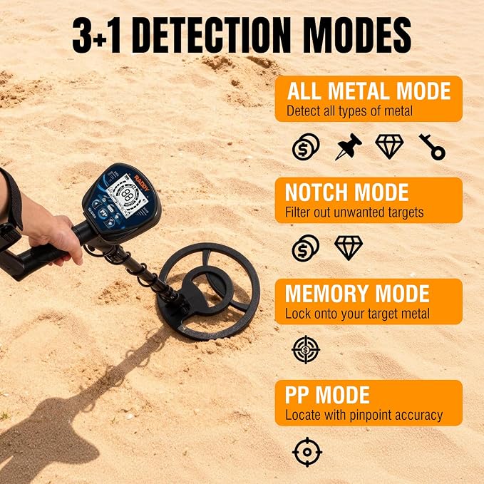 Raddy MD120A Beginner-Friendly Metal Detector for Adults, High Accuracy Gold Metal Detector with 4 Modes, 10" IPX7 Waterproof Search Coil, LCD Backlit Display, Headphone, Bag, Shovel for Treasure Hunt