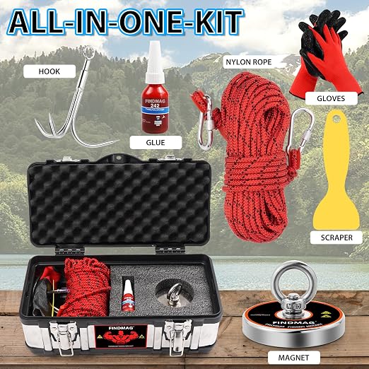 FINDMAG Fishing Magnet Kit, Heavy Duty Magnets for Magnet Fishing, 1000lbs Pulling Force Fishing Magnets for Retrieving Items in River, Lake, 3.54" Diameter