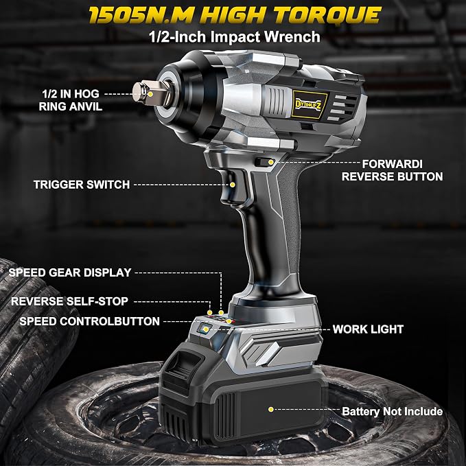 DIYtoolifz 1/2" Cordless Impact Wrench,1110 Ft-lbs(1550N.m) Brushless Motor | Compatible with DeWalt 20V Battery, High Torque Impact Driver with LED Light, Electric Gun for Car, Truck, Mower, Bare Tool