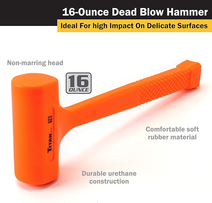 Titan 4-Piece 16oz Hammer Set: Claw, Rubber Mallet, Dead Blow, Ball Peen Hammers - 16oz Each, Orange, Non-Slip Rubber Grip