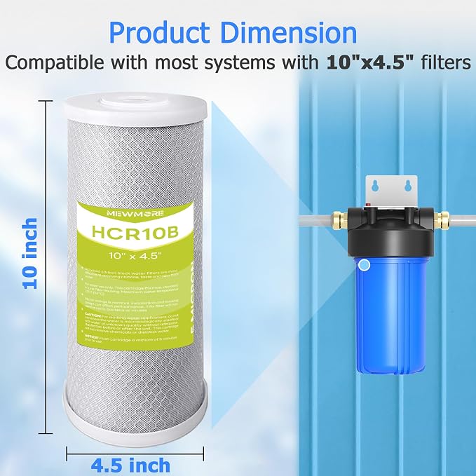 5 Micron 4.5" x 10" Whole House Carbon Water Filter Cartridge | Activated Carbon Block CTO Filter, Reduces Chlorine, Taste & Odor, Fits Standard 10" x 4.5" Big Housings, Pack of 2