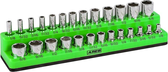 ARES 60005-26-Piece 1/4 in SAE Magnetic Socket Organizer -GREEN -Holds 13 Standard (Shallow) and 13 Deep Sockets -Perfect for your Tool Box -Also Available in RED