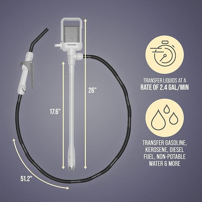DEWAY Automatic Fuel Transfer Pump with Nozzle for Quick Flow Control & Stop, 3X More Powerful D Battery Powered, Extra Long Hose Fits All Size Cans, Portable Liquid Pump Transfers at 2.4 Gal/Minute