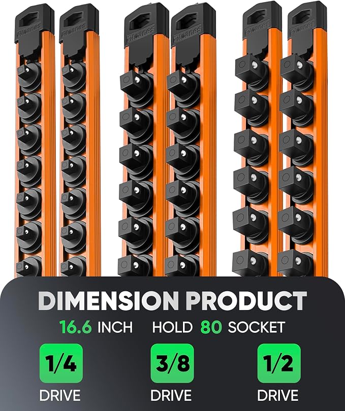ALOANES Magnetic Socket Organizer Set, 6PC Heavy Duty Aluminum Socket Holder Organizer, 360° Swivel Clips Socket Holder Kit for Toolbox Drawer Fit 1/2, 3/8, 1/4-Inch x 80 Clips (Orange, 6PC)