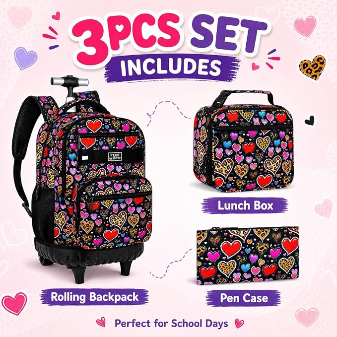 3Pcs Rolling Backpack for Girls Women, Leopard print Travel Roller Backpacks with Wheels for Adults, Teens College Wheeled Bookbag with Lunch Box(Brown)