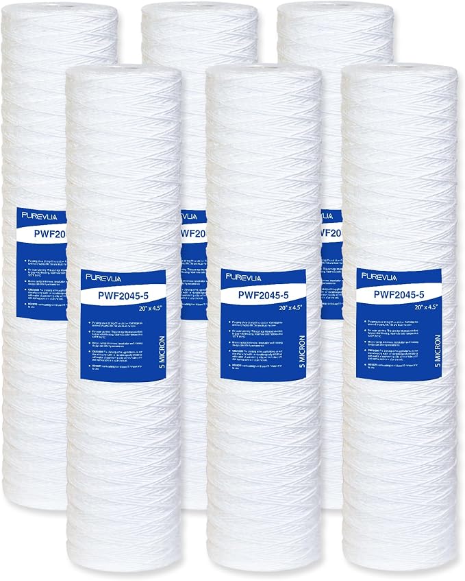 5 Micron 20"x4.5" String Wound Sediment Filter, Whole House Water Filter Cartridge for Well Water, Compatible with WP5BB20P, SWC-45-2005, Fits Standard 20" Big Housings, 6 Pack