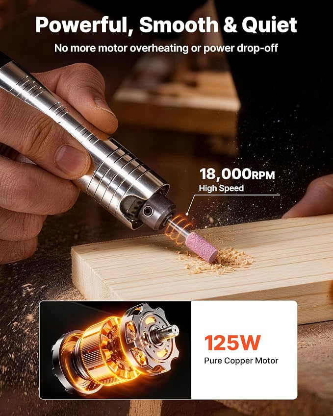 VEVOR Flex Shaft Grinder, 125W 18000RPM Electric Flex Shaft Rotary Tool, Foot-Pedal Control Hanging Carver Grinder with 112PCS Accessory Kit for Sanding Buffing Polishing Cutting