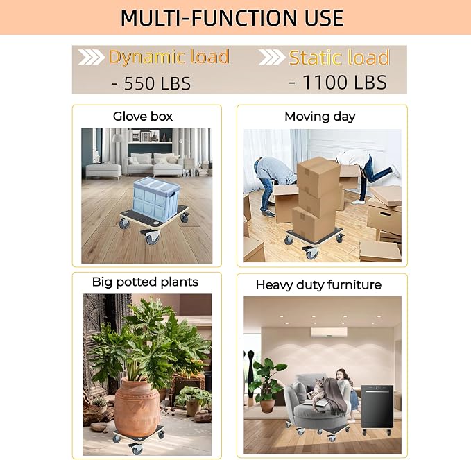 Furniture Moving Dolly Wood Platform Dolly 2 Packs, 1100 lbs Capacity Heavy Duty Wood Dollies cart with Wheels, Movers Carrier with 4 Soft Rubber Silent Wheels （2 with Brake+ 2 Without）