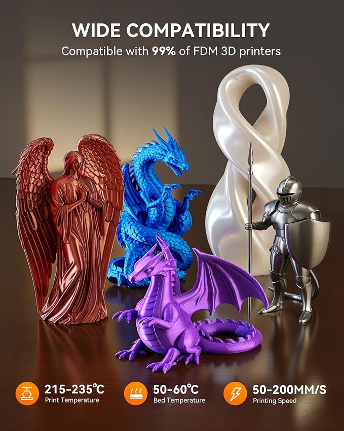 TECBEARS Silk Filament 1.75, Shiny Silk PLA Filament, 3D Printer Filament with Smooth Silky Surface, 250G Spool, 8 Rolls, Gold+Silver+Black+White+Bronze+Red Cropper+Brass+Pink
