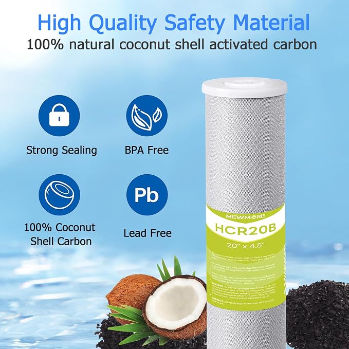 5 Micron 4.5" x 20" Whole House Carbon Water Filter Cartridge | Activated Carbon Block CTO Filter, Fits Standard 20" x 4.5" Big Housings, Reduces Chlorine, Taste & Odor, Pack of 2