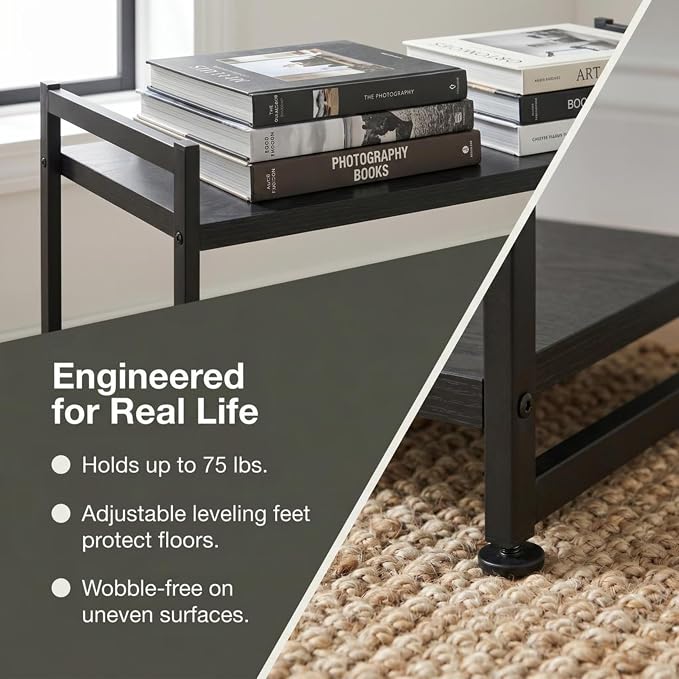 Household Essentials Jamestown Wide 3 Shelf Open Storage Bookshelf Black Oak Wood Grain and Black Metal