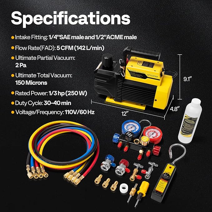 SPECSTAR 1/3 HP 5 CFM 1-Stage HVAC Vacuum Pump and 4 Way AC Manifold Gauge Set with Leak Detector 5ft Hoses & Accessories for R134a R12 R22 R502 R410a Auto Air Conditioning Refrigeration Recharging