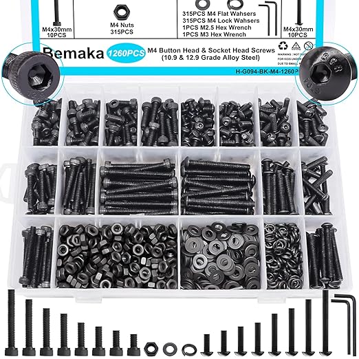 1260Pcs M4 Screw Kit, M4x6/8/12/16/20/25/30/40mm Metric Screws Bolts and Nuts Kit, 10.9 & 12.9 Grade Alloy Steel Button Head and Socket Head Screws, Metric Bolts for 3D Printing