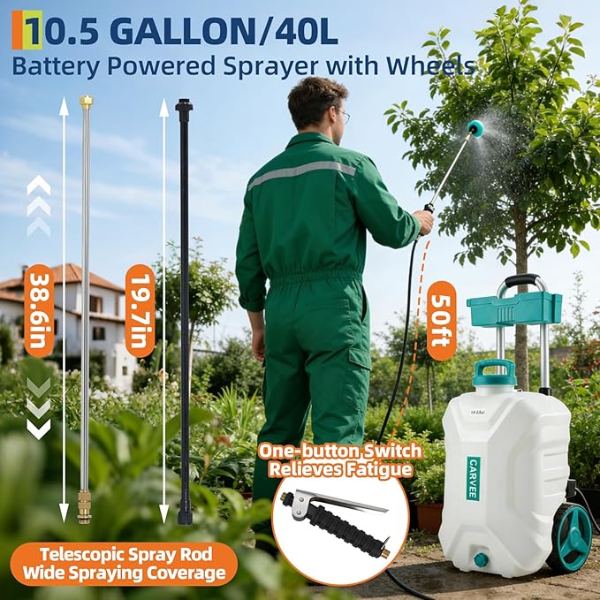 Garvee 10.5 Gallons Battery Powered Sprayer with Wheeled Cart, 18V 4Ah Electric Sprayer with 6 Nozzles & 2 Wands, 4-6 Hour Runtime, 80PSI Adjustable Pressure, Trigger Lock, Yard Sprayers for Lawn