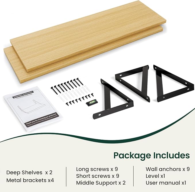 Floating Shelves 12 Inch Deep, 48W x 12D Wall Shelf Set of 2, 70 lbs Heavy Duty Reversible Metal Brackets, Deep Industrial Book Shelf for Living Room Kitchen Bath Bedroom Coffee Bar, Oak