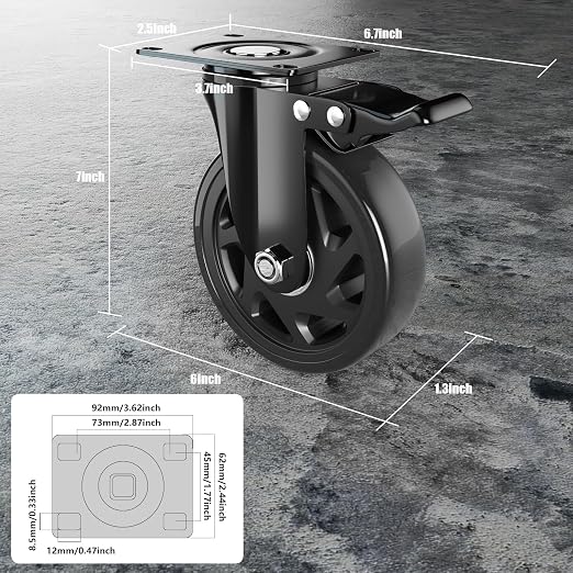 6 Inch Caster Wheels Heavy Duty Casters with Brake, Casters Set of 4 Loading 3000 Lbs, Locking Industrial Swivel Top Plate Casters Wheels for Furniture and Workbench Cart(Two Hardware Kits Included)