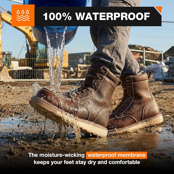 NINGO Steel Toe Work Boots for Men, 8 Inches Waterproof Moc Toe Construction Boots, Goodyear Welt Non Slip Wedge Outsole, Full-Grain Leather EH Rated Mens Safety Work Shoes, for Industrial, Welding